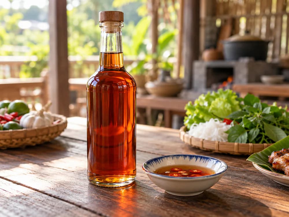 An amber bottle of fish sauce and a dipping bowl on a wooden table