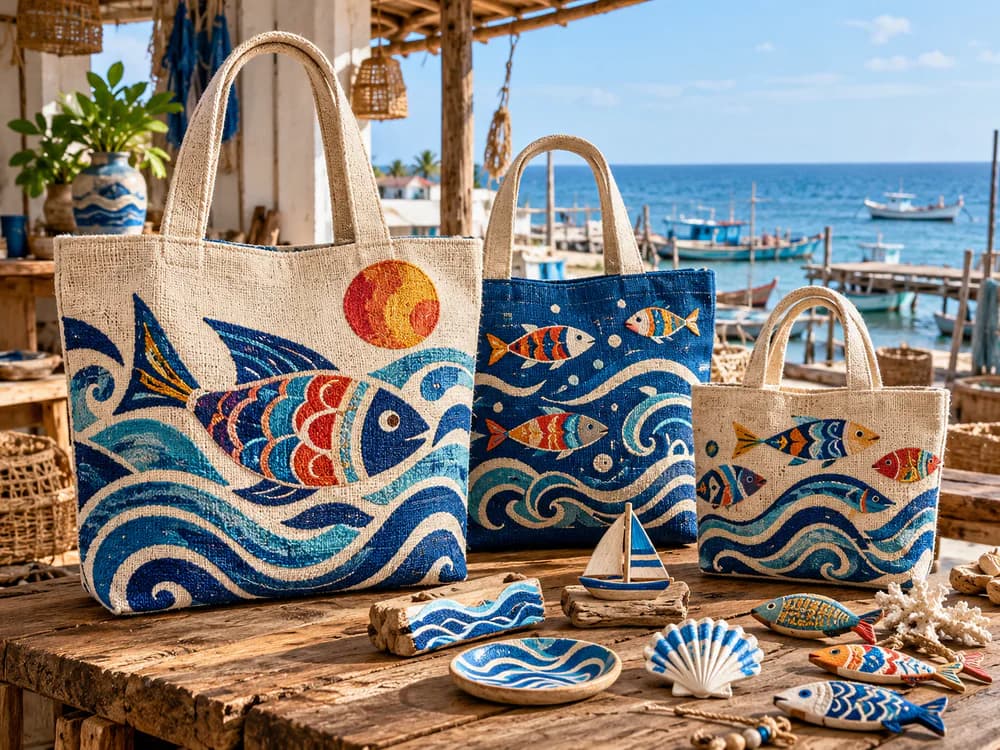 Canvas bags and handmade souvenirs with fish and wave patterns