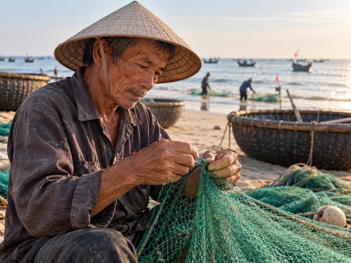 An elderly fisherman in a conical hat mending a net by the sea