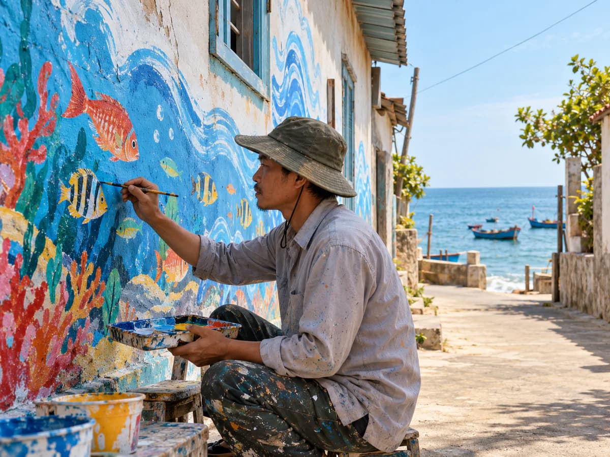 An artist painting a mural of fish and waves on a house wall